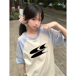 抖音得物品质二开240克宽松纯棉美式潮牌插肩三杠织带短袖T恤图片