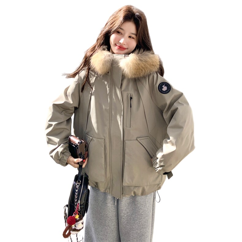 韩系工装大毛领连帽派克羽绒服女2025冬季新款宽松加厚保暖外套,女装羽绒服,2C166