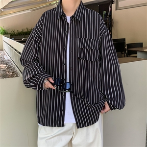 C3082/P40春装现货条纹长袖衬衣男立体口袋工装大码衬衫男上衣图片