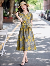 气质玫瑰印花棉麻连衣裙女2026夏季新款洋气减龄休闲收腰显瘦裙子，女装连衣裙，倪叶myz