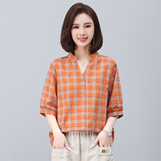2025年夏装新款潮格子衬衫宽松显瘦韩版气质百搭衬衣女减龄，女装衬衫，独衣靓