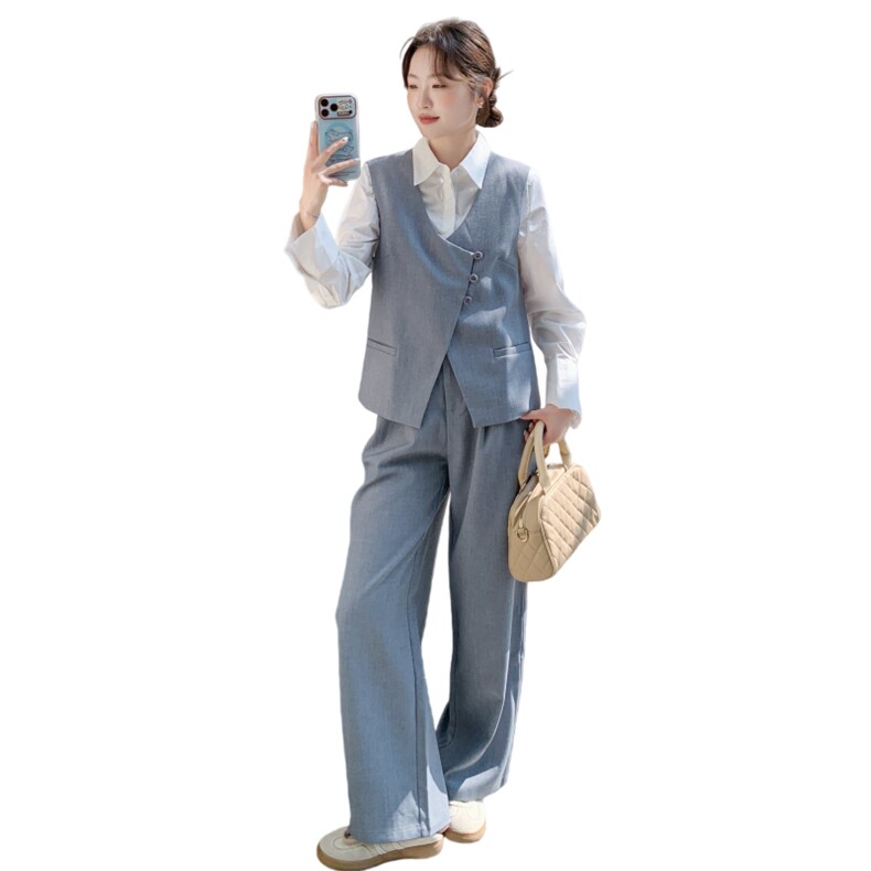 新款蓝色西装马甲衬衫阔腿裤三件套5544P205K328,女装套装/套裙,2C176