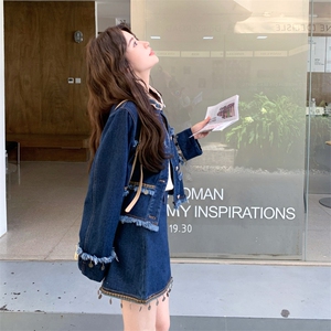 复古牛仔套装裙女秋季2025新款韩系小个子短款外套半身裙两件套图片