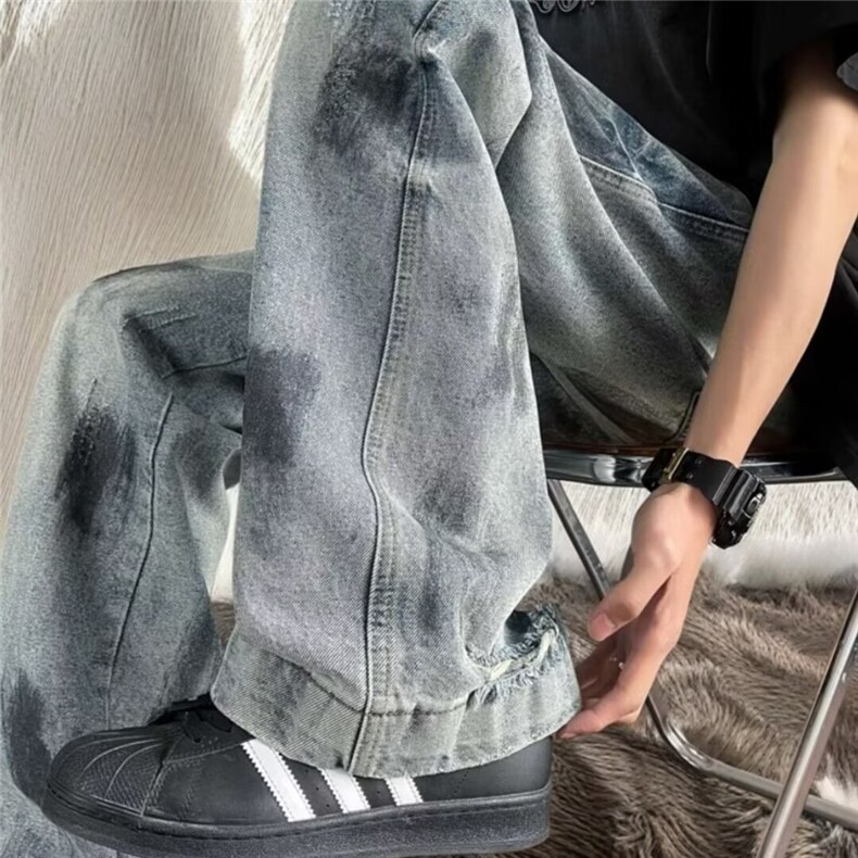 破洞牛仔裤男美式复古潮牌痞帅扎染褶皱阔腿休闲情侣高街显瘦长裤,男装牛仔裤,星座516A