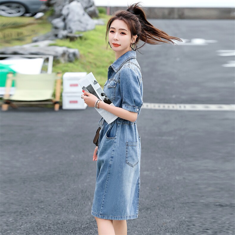 欧货牛仔连衣裙女中长款2025夏季薄款收腰显瘦时尚亮片衬衫A字裙,女装连衣裙,意芙