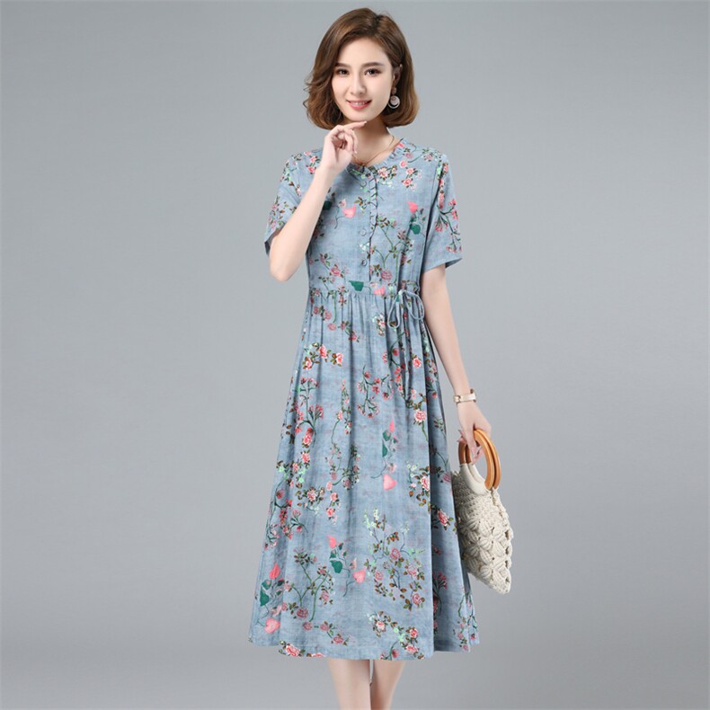 2023年夏季新款潮韩版抽绳系带收腰显瘦碎花短袖连衣裙女中长款,女装连衣裙,简韵佳