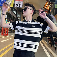 AT108/P50控78夏季社会小伙撞色百搭高级感条纹短袖T恤男黑首，男装T恤，星座305B-1
