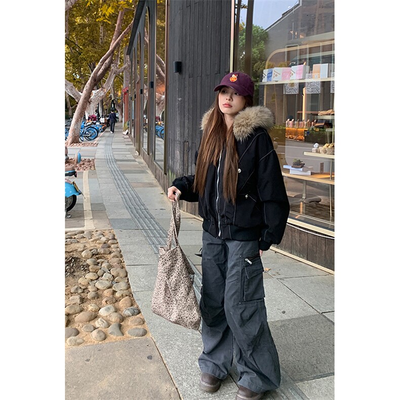 现货重磅boxy短款棉衣座山雕大毛毛领男女棉服水洗工装厚外套,男装棉衣,电商A486-1