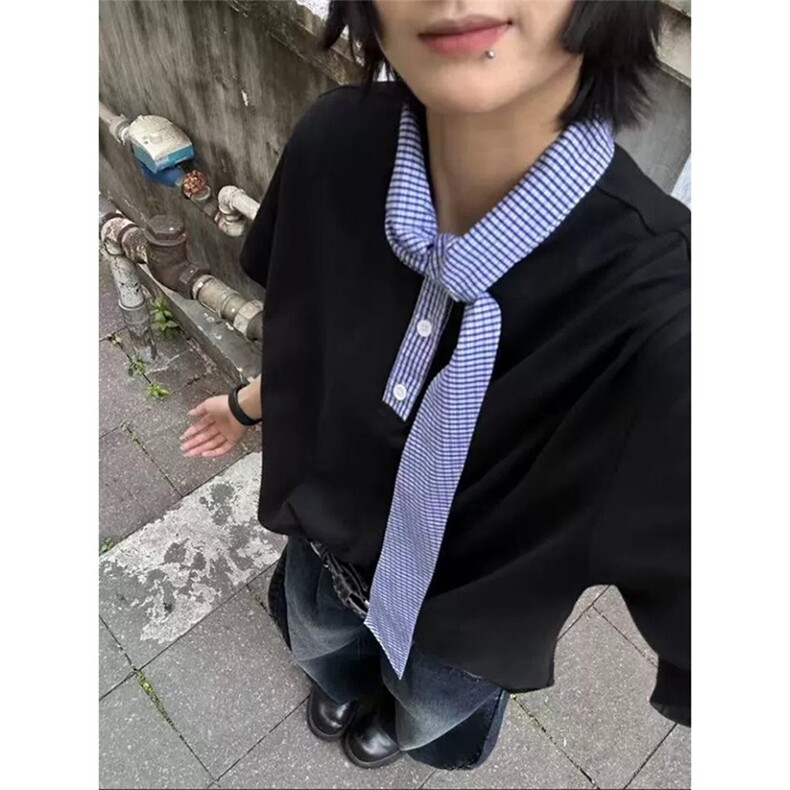 航海家夏季松弛感飘带丝巾领拼接短袖polo衫男百搭宽松领带T恤,男装Polo衫,星座1210-1