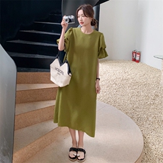 绿色泡泡袖连衣裙女2025夏季新款韩版设计感遮肚子显瘦后开叉长裙，女装连衣裙，2D078