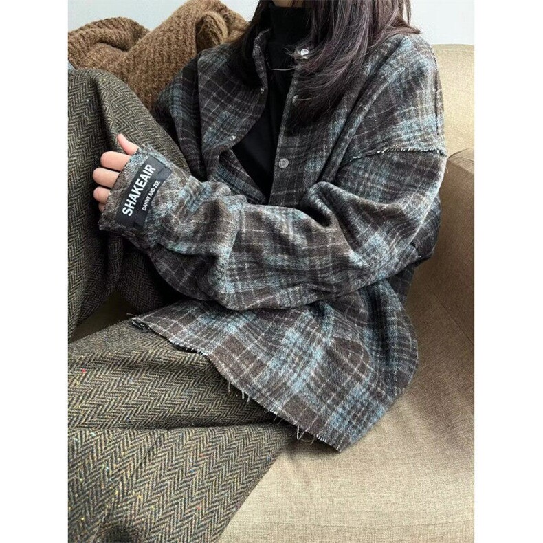 春季新款复古百搭慵懒小众格子立领长袖衬衫男女款C341,男装衬衫,星座1116A（原606A-3）