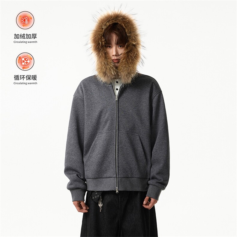 加绒卫衣开衫冬季连帽大毛领加厚保暖外套男女5D4098-TP75118,男装棉衣,电商A102