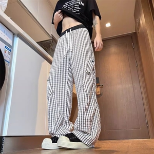 夏季薄款透气凉感格子裤男女同款垂感宽松褶皱休闲裤冰丝裤长裤子图片