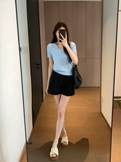 2025时尚夏季华夫格醋酸羊毛针织T肌理浮雕薄款v领短袖，女装T恤，湘姗