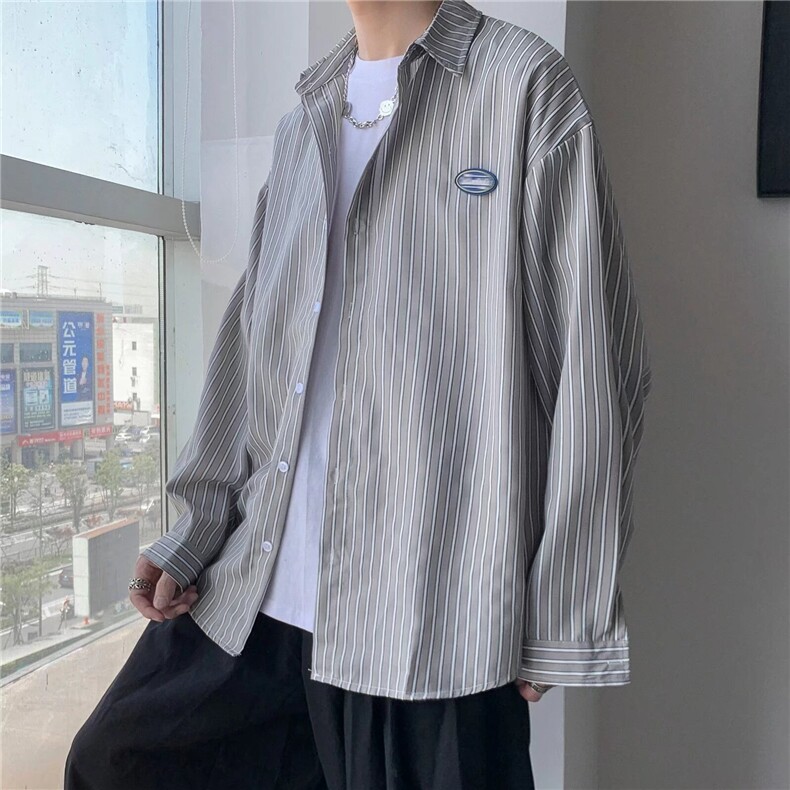 长袖衬衫男士夏秋季宽松港风条纹ins衬衣百搭防晒外套C200/P32,男装防晒衣,星座506
