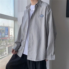 长袖衬衫男士夏秋季宽松港风条纹ins衬衣百搭防晒外套C200/P32，男装防晒衣，星座506