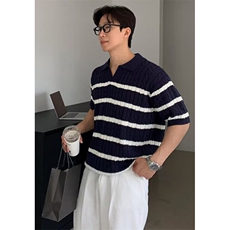 夏季白色翻领Polo衫条纹日系针织衫男短袖上衣T恤衫宽松TB283，男装Polo衫，星座1116A-2（原606A-1）