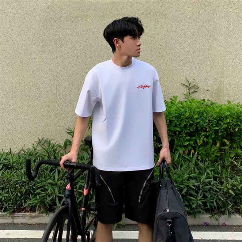 万针全刺绣工艺抖音得物高品质260克重磅纯棉双纱美式高街短袖T恤,男装T恤,电商A486-1