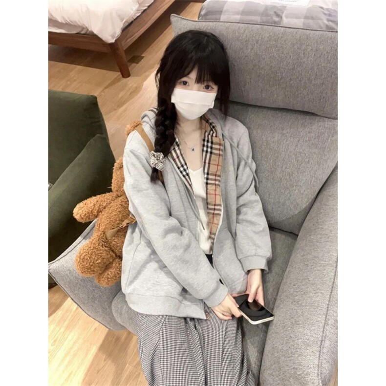 5339-P50原版做工食毛华棉复合格纹连帽卫衣薄款/加绒,女装卫衣/绒衫,星座617A-2