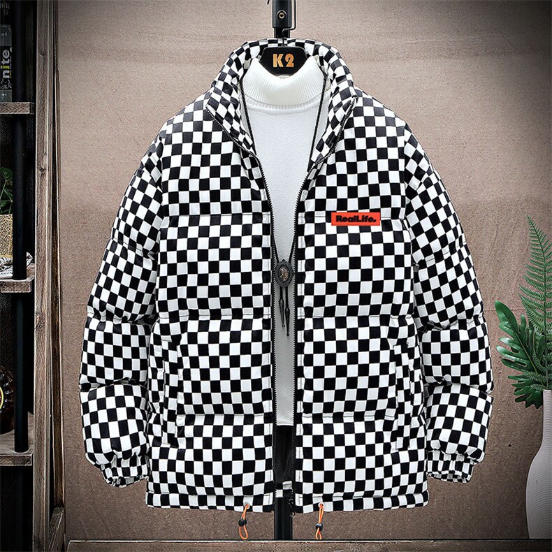 美式高街棋盘格子立领面包服男女情侣装棉服外套班服M0758-P98,男装棉衣,星座308B-2