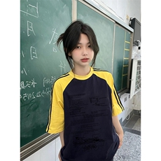夏季美式高街重磅纯棉三条杠织带插肩撞色男女短袖T恤CZ125-特P25，男装T恤，电商A486