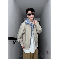 现货现货2026新款宽松拼接假两件翻领格子夹克外套男P75，男装夹克，星座301D-2(原星座1004-1）