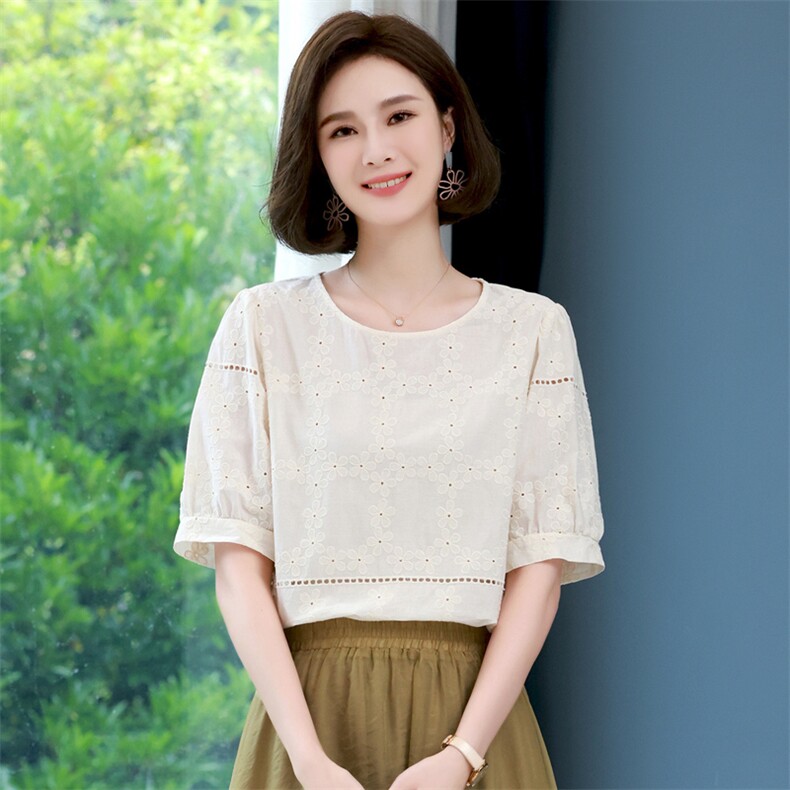 2022夏装新款舒适提花短袖上衣百搭女士套头上衣,女装衬衫,木子恋