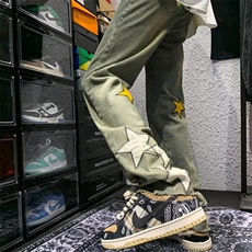 美式ins复古刺绣牛仔裤男女春季新款高街vibe宽松阔腿裤N3552-p46，男装牛仔裤，星座1008-1