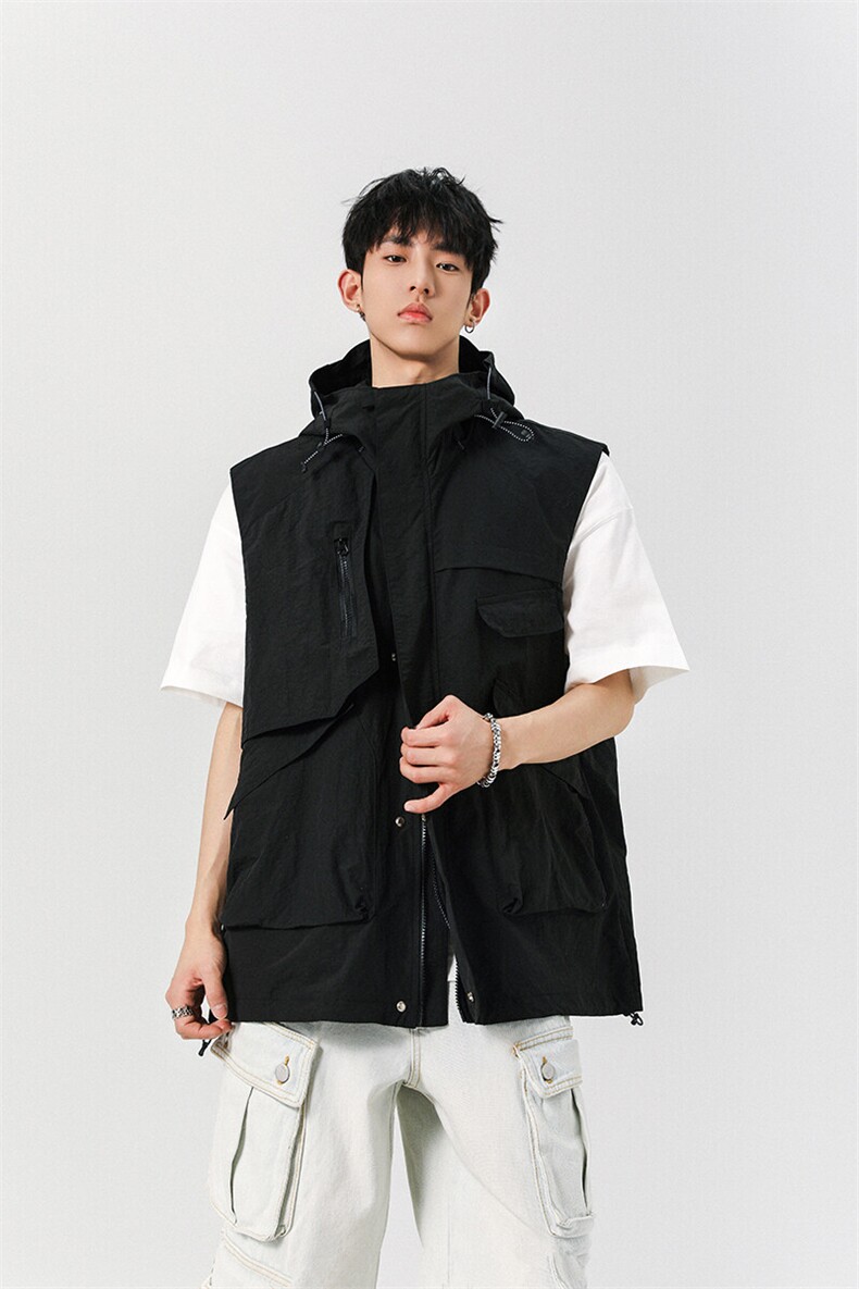 8XL-M钓鱼老外套街头机能口袋连帽防水无袖马甲坎肩JK1316P78,男装夹克,电商D206-1