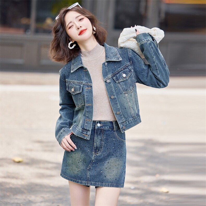 牛仔短裙套装女2025秋季新款小个子高级感欧货减龄烫钻裙裤两件套,女装套装/套裙,浪花E族（衣布洛）