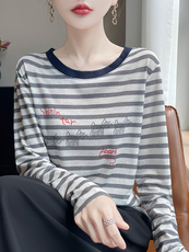 2025秋冬百搭时尚简约条纹印花针织衫，女装针织衫/毛衣，羊特美羊绒