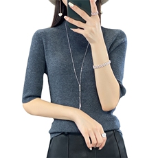 无缝精纺修身短袖立领紧身弹力t恤女2025秋季针织打底衫毛衣内搭，女装针织衫/毛衣，暖烁羊绒