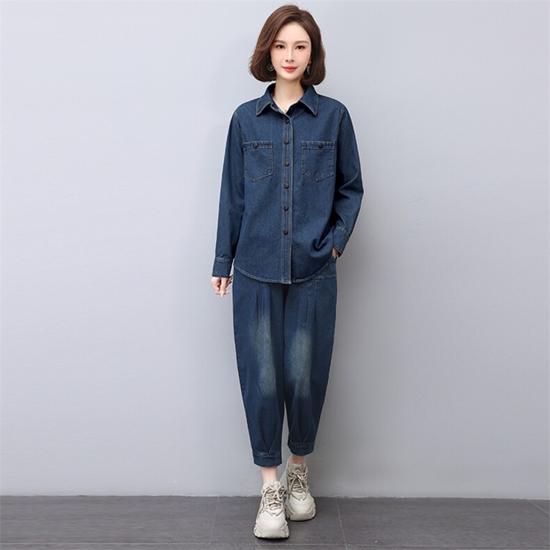 时尚春季新款牛仔套装女宽松显瘦长袖衬衫阔腿裤两件套休闲百搭,女装套装/套裙,悦见她
