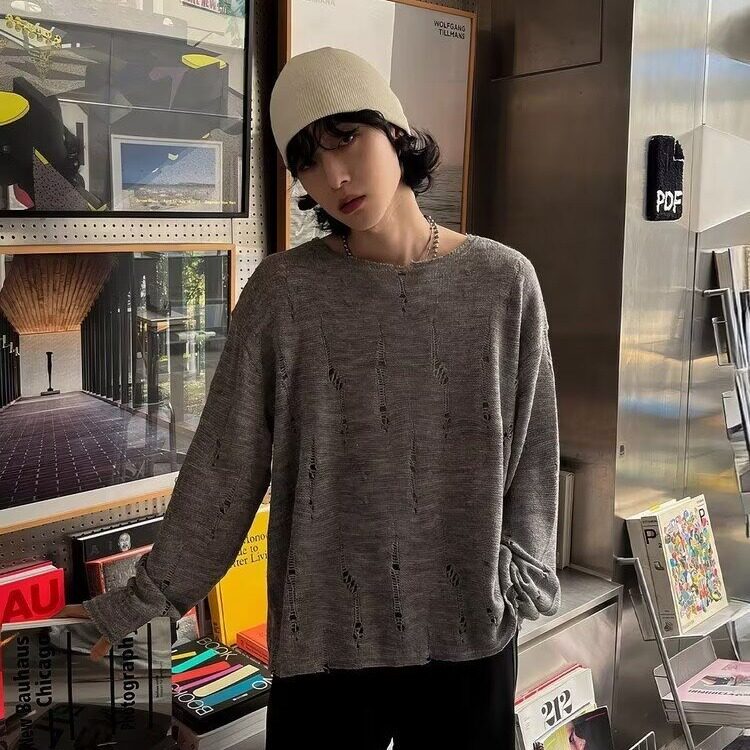 宽松慵懒破洞上衣防晒针织衫女小众毛衣秋季新款黑色镂空罩衫早秋,男装针织衫/毛衣,星座506A