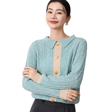 秋冬季新款舒适显瘦时尚百搭POLO领单排扣羊毛衫，女装羊毛衫，琳尚羊绒