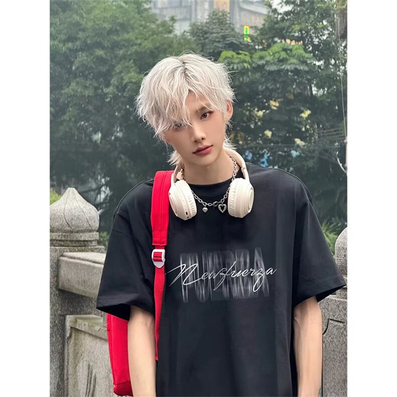 抖音得物供货210克现货宽松纯棉美式潮牌印花落肩袖纯棉T恤AT2160图片
