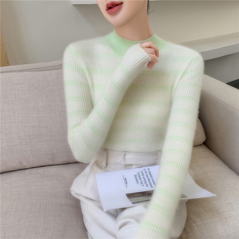 减龄撞色条纹~软糯小山羊绒衫女半高领长袖保暖修身针织打底毛衣,女装羊毛衫,拓驰羊绒