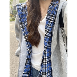 蓝色格子双层连帽卫衣男春秋季潮牌美式小众设计感假两件开衫外套图片