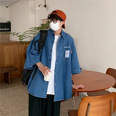 2025夏季新款纯色潮流文艺男短袖时尚牛仔衬衫C1361P45，男装衬衫，星座1108
