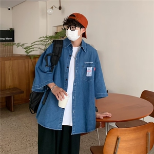 2025夏季新款纯色潮流文艺男短袖时尚牛仔衬衫 C1361 P45图片