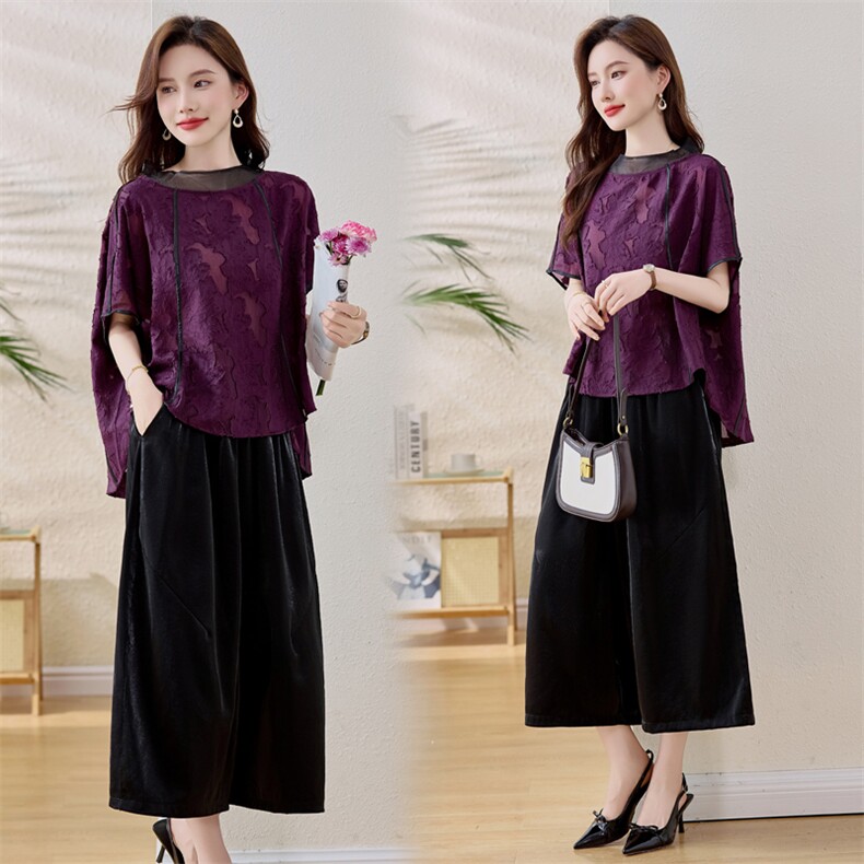 贵夫人气质妈妈套装女2025夏季新款宽松洋气提花上衣阔腿裤两件套，女装套装/套裙，魅衣本色