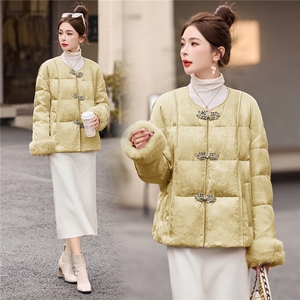 粉色新中式风提花短款羽绒服女2025冬保暖减龄白鸭绒加厚外套图片