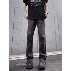 D1098-P48涂鸦破洞牛仔裤男夏季设计感裤高街痞帅美式直筒裤，男装牛仔裤，星座603-2