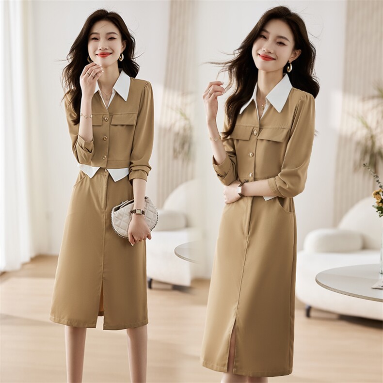 衬衫领假两件连衣裙2023年秋季新款翻领拼色撞色高腰连衣裙H10052，女装连衣裙，采品优优