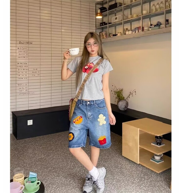 美式汉堡薯条五分裤牛仔裤男女2026春季新款高腰宽松阔腿短裤,男装牛仔裤,星座410-6（原星座1304-1）