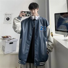 2035-P85港风春秋新款夹克男字母刺绣港风棒球服宽松休闲PU皮外套，男装夹克，星座1109-2
