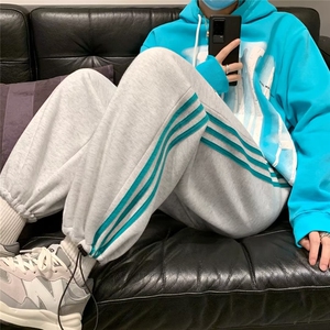 运动卫裤男秋冬加绒加厚宽松直筒阔腿裤冬季韩版潮流条纹休闲裤子图片
