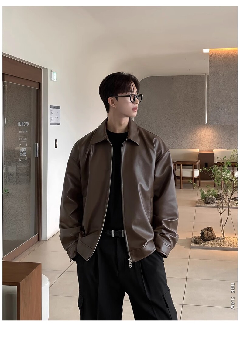 翻领短款皮衣男士美式高街复古高级感痞帅春秋机车服夹克外套,男装夹克,星座710