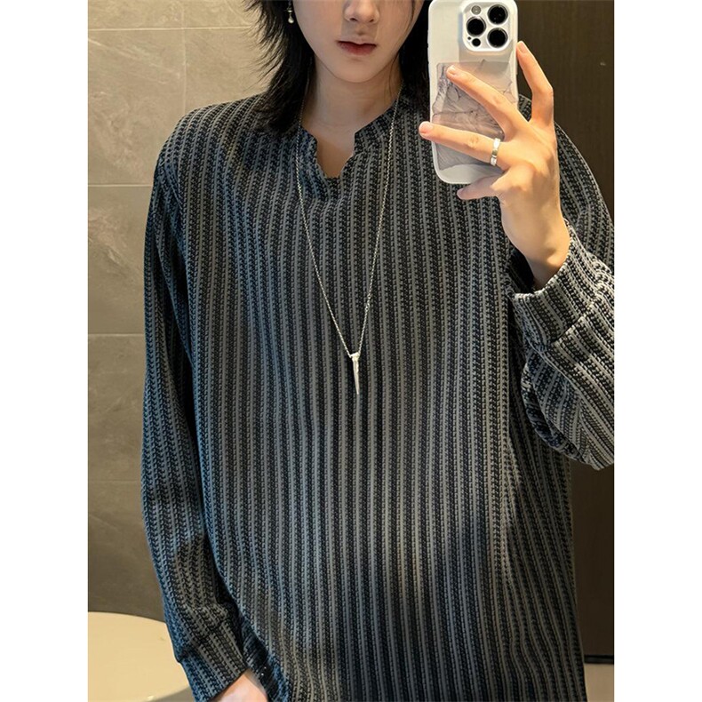 美式高街千鸟格子长袖T恤男女亨利V领英伦雅痞休闲宽松长袖打底衫，男装T恤，电商A486