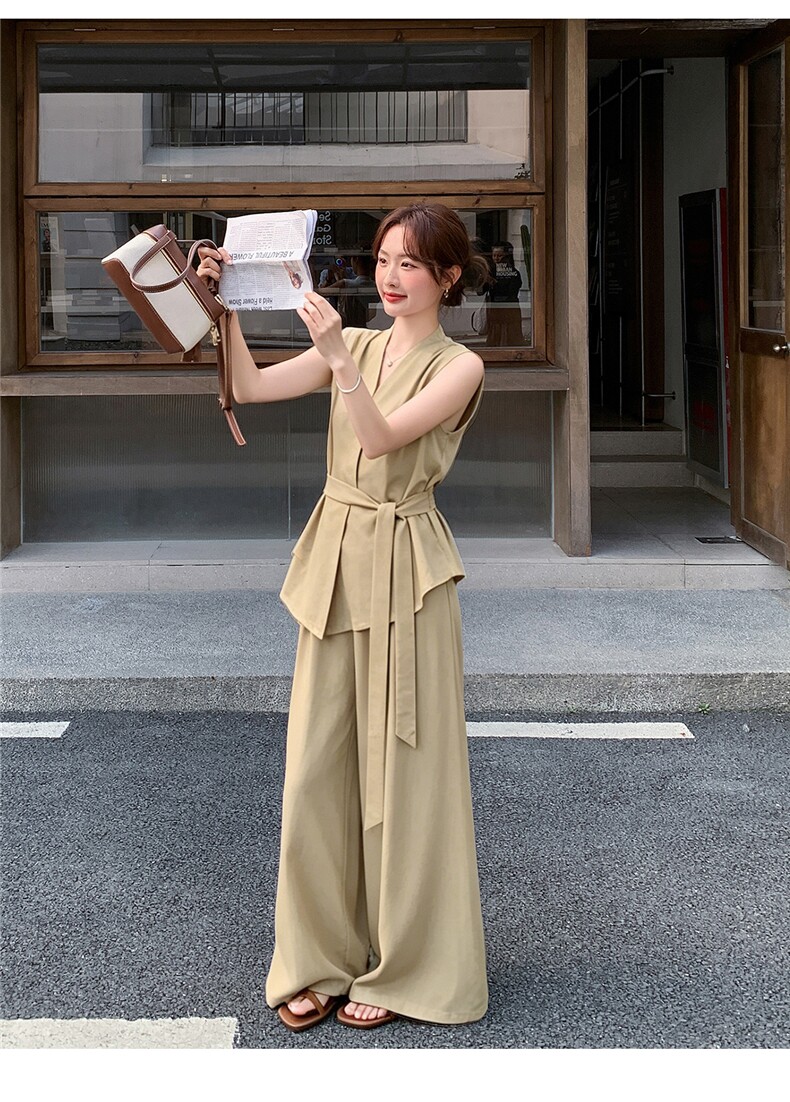 新款现货主推夏季无袖气质套装女老钱风阔腿裤清冷感韩系两件套,女装套装/套裙,网红馆